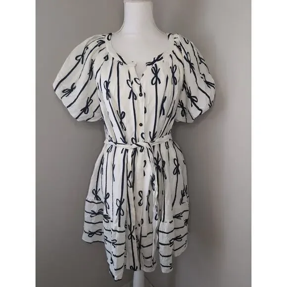 Umgee cottagecore bow print puff sleeve buttonfront dress lg - Picture 1 of 10
